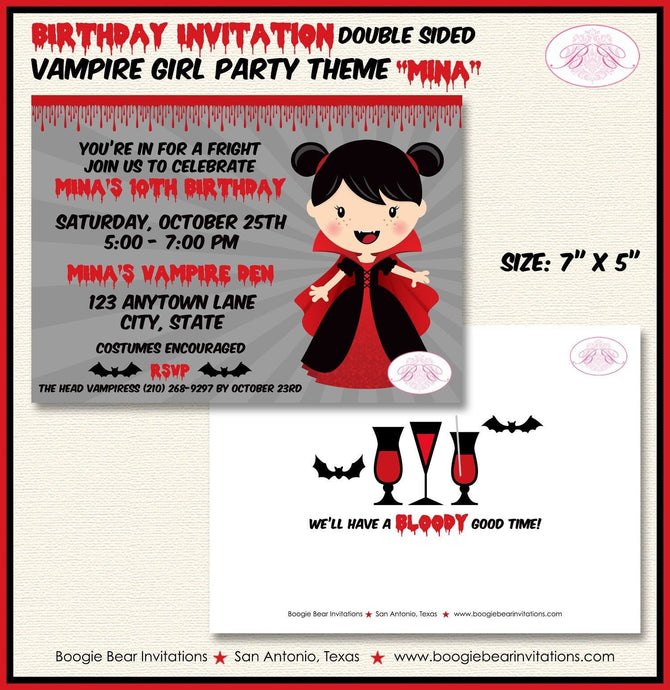 Vampire Girl Birthday Party Invitation Halloween Blood Fang Red Black Dracula Boogie Bear Invitations Mina Theme Paperless Printable Printed
