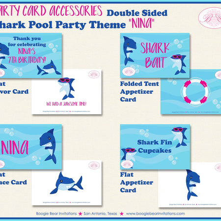 Shark Pool Birthday Party Favor Card Tent Place Appetizer Food Sign Pink Girl Swimming Ocean Beach Splash Boogie Bear Invitations Nina Theme