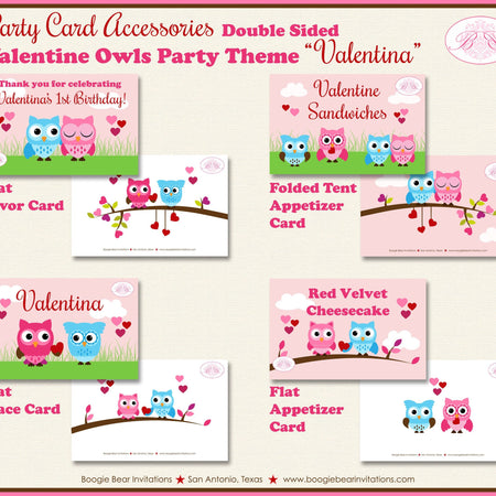 Valentine Owls Birthday Party Favor Card Tent Place Sign Appetizer Girl Boy Heart Love Bird Boogie Bear Invitations Valentina Theme Printed