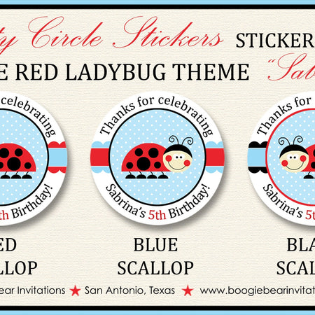 Red Ladybug Birthday Party Stickers Circle Sheet Round Girl Little Bug Blue Black Picnic Garden Summer Boogie Bear Invitations Sabrina Theme