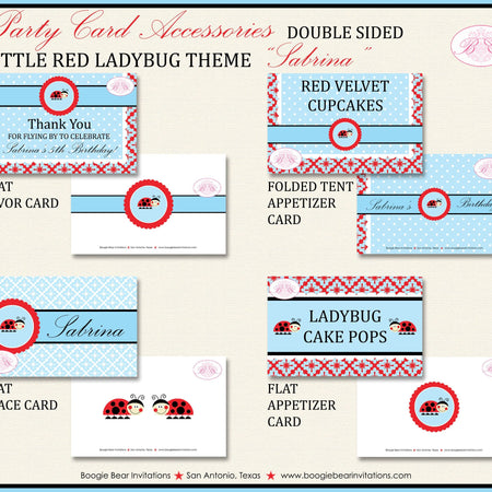 Ladybug Birthday Party Favor Card Folded Appetizer Food Place Red Blue Black Girl Picnic Summer Garden Boogie Bear Invitations Sabrina Theme