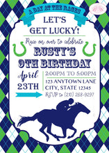 Load image into Gallery viewer, Horse Racing Birthday Party Invitation Green Blue Kentucky Derby Race Track Boogie Bear Invitations Rusty Theme Paperless Printable Printed