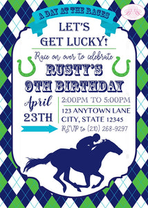 Horse Racing Birthday Party Invitation Green Blue Kentucky Derby Race Track Boogie Bear Invitations Rusty Theme Paperless Printable Printed