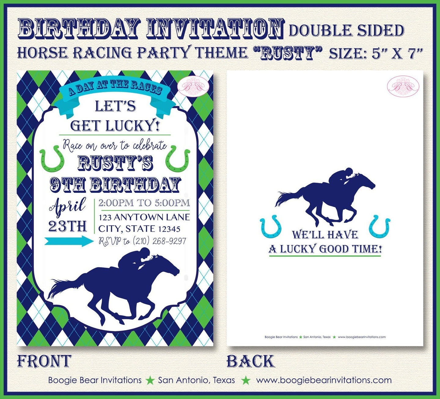 Horse Racing Birthday Party Invitation Green Blue Kentucky Derby Race Track Boogie Bear Invitations Rusty Theme Paperless Printable Printed
