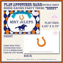 Load image into Gallery viewer, Horse Racing Birthday Party Favor Card Tent Appetizer Place Sign Orange Blue Kentucky Derby Jockey Track Boogie Bear Invitations Benny Theme