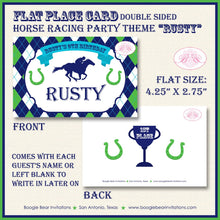 Load image into Gallery viewer, Horse Racing Birthday Party Favor Card Tent Appetizer Place Sign Green Blue Kentucky Derby Jockey Track Boogie Bear Invitations Rusty Theme
