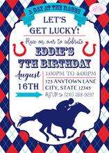 Load image into Gallery viewer, Horse Racing Birthday Party Invitation Red Blue Kentucky Derby Race Track Boogie Bear Invitations Eddie Theme Paperless Printable Printed