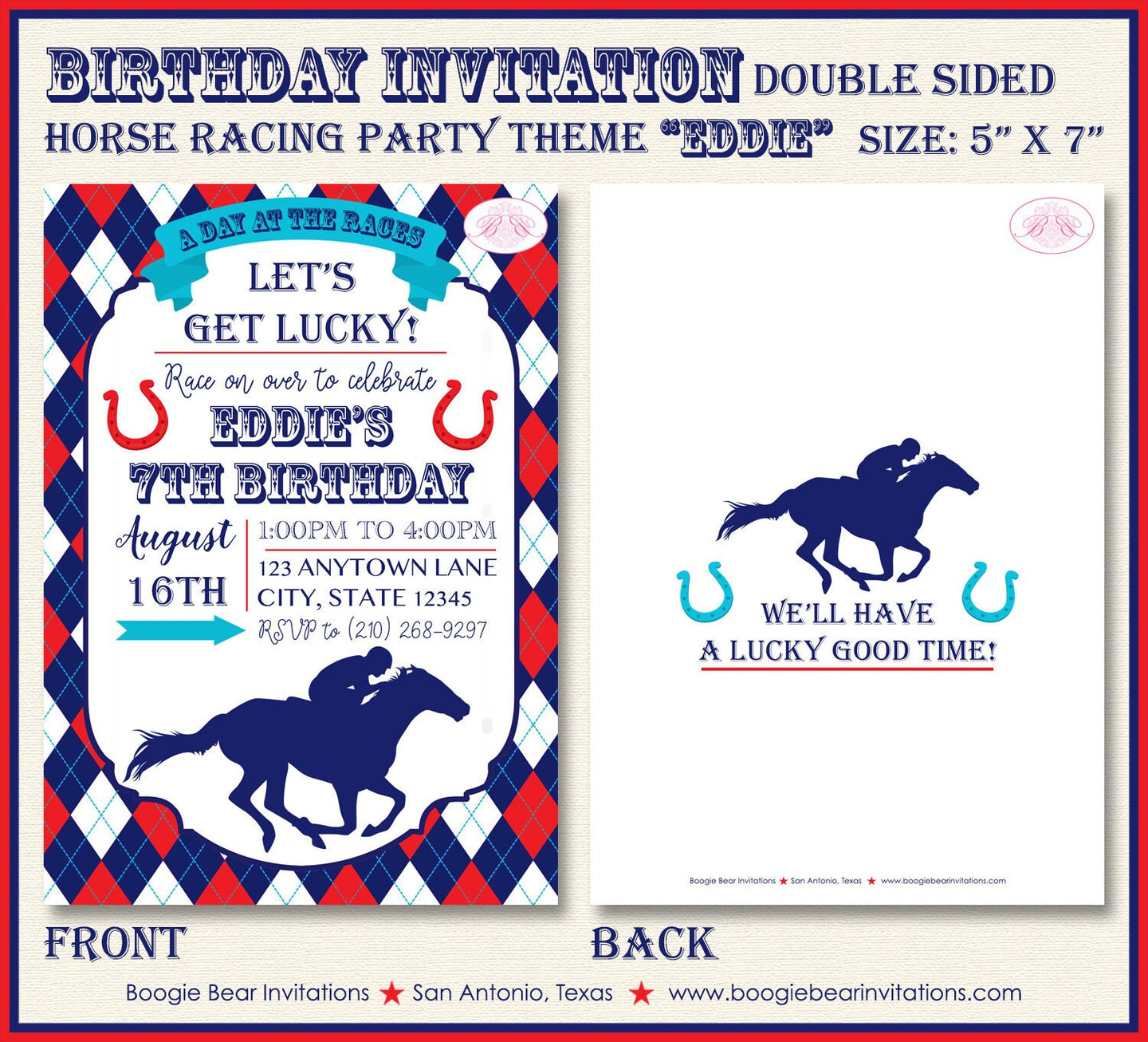 Horse Racing Birthday Party Invitation Red Blue Kentucky Derby Race Track Boogie Bear Invitations Eddie Theme Paperless Printable Printed