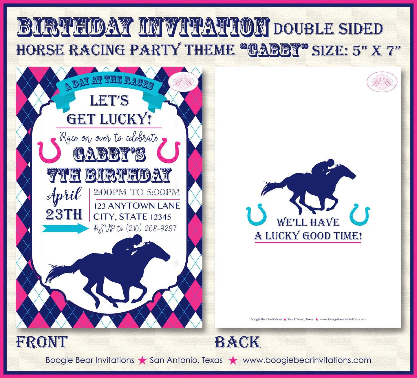 Horse Racing Birthday Party Invitation Pink Blue Kentucky Derby Race Track Boogie Bear Invitations Gabby Theme Paperless Printable Printed