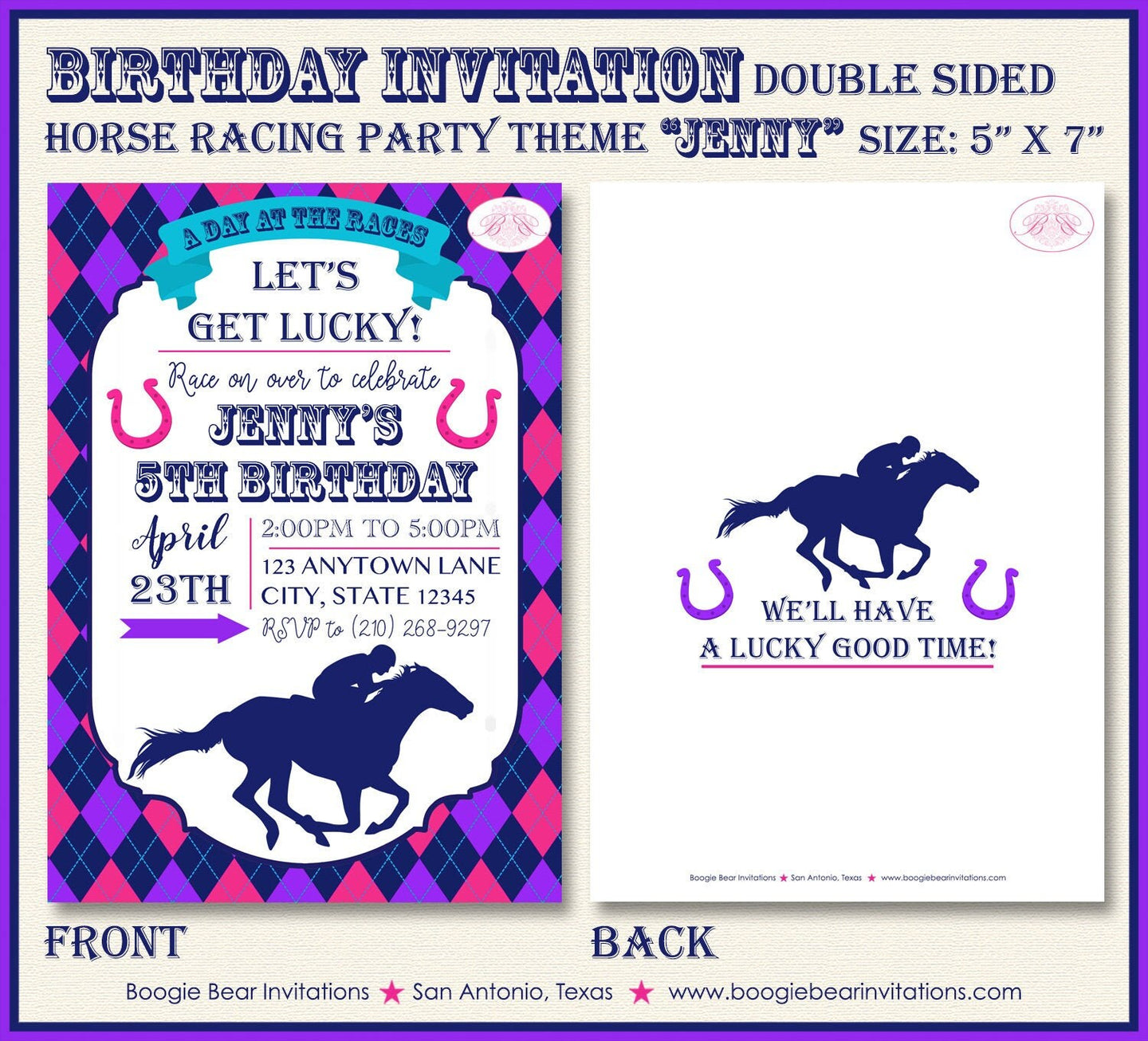 Horse Racing Birthday Party Invitation Pink Purple Girl Kentucky Derby Track Boogie Bear Invitations Jenny Theme Paperless Printable Printed