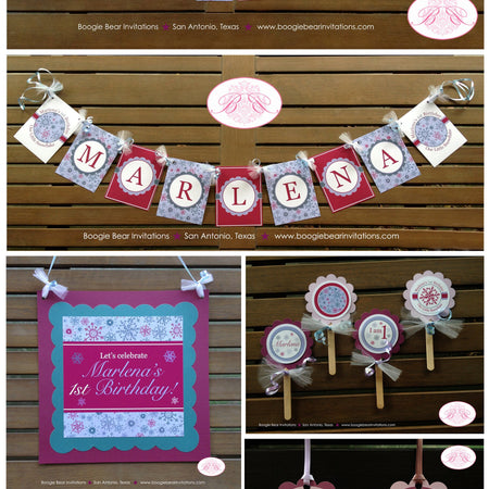 Winter Snowflake Birthday Party Package Girl Christmas Pink Teal Blue Purple Snow Snowing Holiday Boogie Bear Invitations Marlena Theme