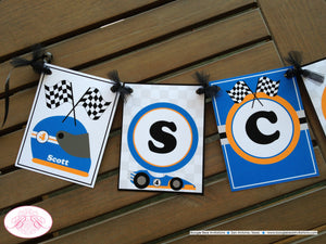 Race Car Driver Birthday Party Package Orange Blue Black Happy Door Banner Cupcake Toppers Favor Tags Boogie Bear Invitations Scott Theme