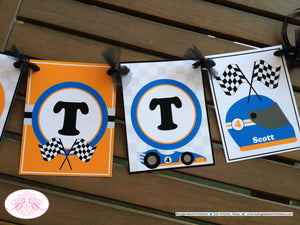 Race Car Driver Birthday Party Package Orange Blue Black Happy Door Banner Cupcake Toppers Favor Tags Boogie Bear Invitations Scott Theme