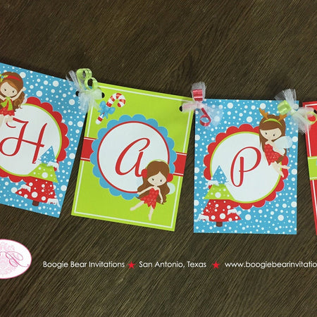 Christmas Fairy Happy Birthday Banner Party Girl Winter Red Green Blue Snow Woodland Forest Tree Magic Boogie Bear Invitations Breena Theme