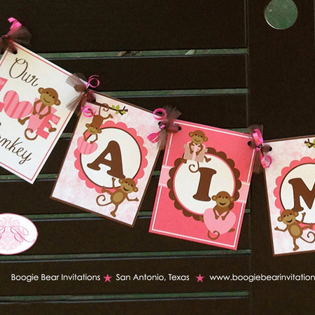 Pink Monkey Birthday Party Banner Name Love Valentine's Day Girl Brown Heart Little Wild Jungle Zoo Kids Boogie Bear Invitations Aimee Theme