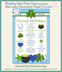 Lucky Charm Birthday Party Sign Poster Frameable Chalkboard Stats Blue Green Boy St. Patrick's Day 1st Boogie Bear Invitations Desmond Theme