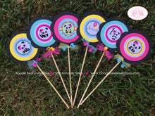 Load image into Gallery viewer, Panda Bear Birthday Party Centerpiece Cake Display Stick Forest Pink Black Yellow Green Blue Wild Zoo Boogie Bear Invitations Jeanette Theme