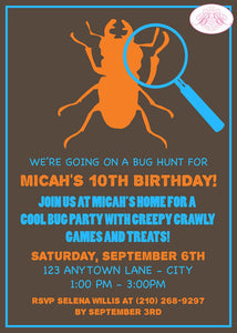 Insect Bug Birthday Party Invitation Orange Blue Brown Beetle Spider Hunt Boogie Bear Invitations Micah Theme Paperless Printable Printed