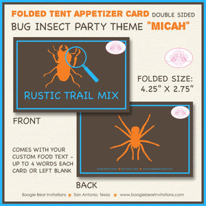 Insect Bug Birthday Party Favor Card Appetizer Food Place Sign Label Spider Hunt Brown Boogie Bear Invitations Micah Theme Printable Printed