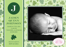 Load image into Gallery viewer, St Patrick&#39;s Day Photo Birth Announcement Shamrock Green Lucky Girl Boy Boogie Bear Invitations Jaden Theme Paperless Printable Printed