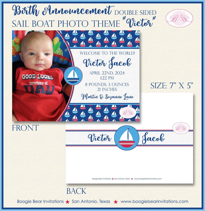 Sail Boat Photo Boy Birth Announcement Blue Red White Sailing Baby Sailor Boogie Bear Invitations Victor Theme Paperless Printable Printed