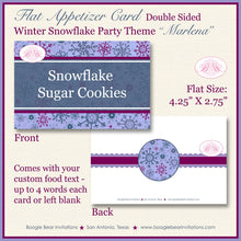 Load image into Gallery viewer, Snowflake Birthday Party Favor Card Winter Food Appetizer Tent Place Purple Pink Christmas Snow Flake Boogie Bear Invitations Marlena Theme