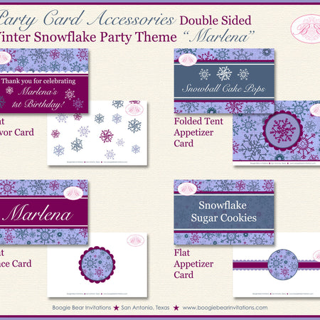 Snowflake Birthday Party Favor Card Winter Food Appetizer Tent Place Purple Pink Christmas Snow Flake Boogie Bear Invitations Marlena Theme