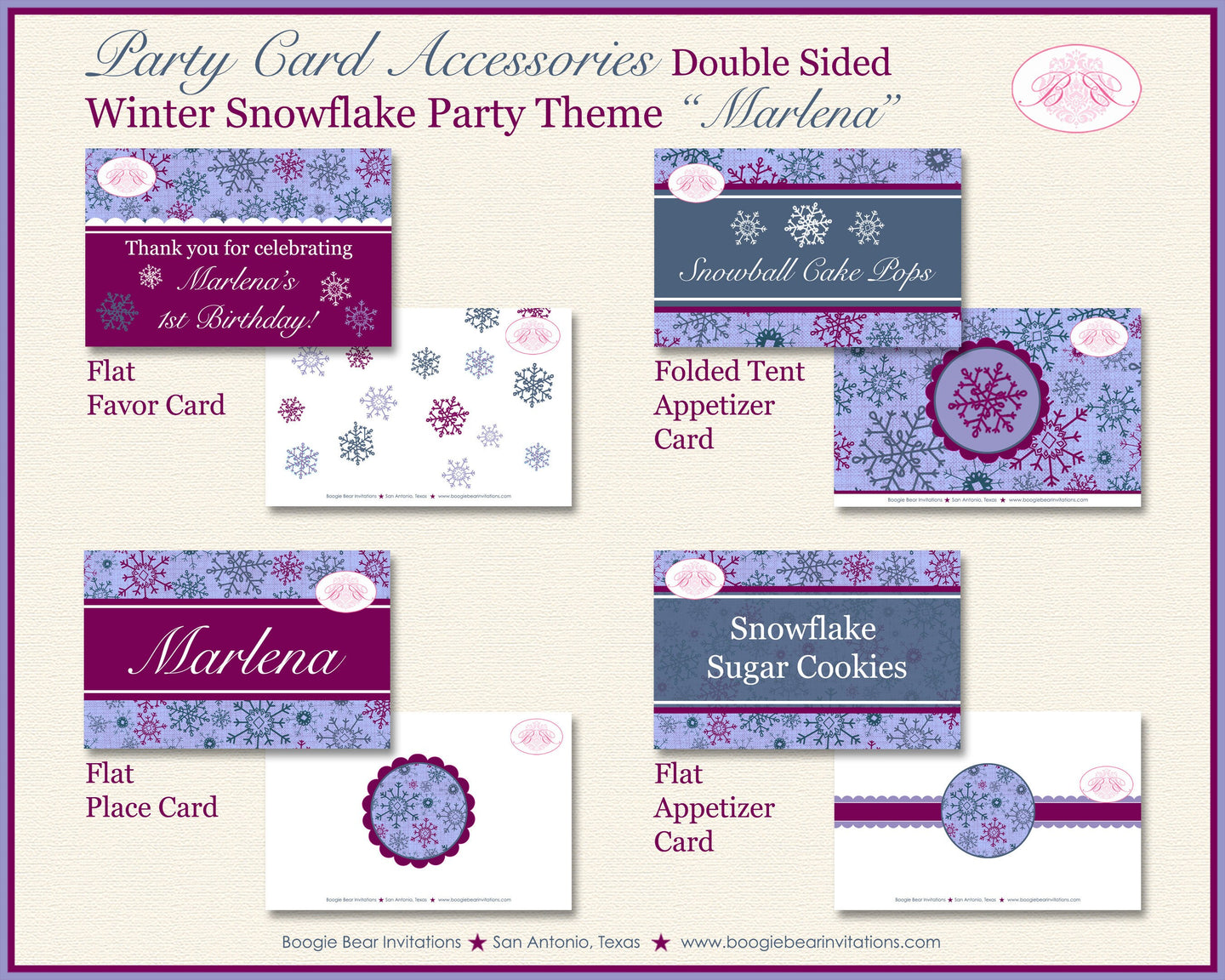 Snowflake Birthday Party Favor Card Winter Food Appetizer Tent Place Purple Pink Christmas Snow Flake Boogie Bear Invitations Marlena Theme