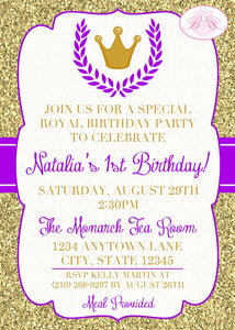 Purple Gold Royal Crown Party Invitation Birthday Girl Formal Castle Ball Boogie Bear Invitations Natalia Theme Paperless Printable Printed