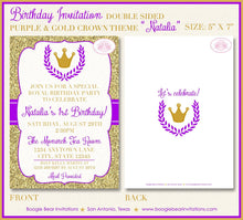 Load image into Gallery viewer, Purple Gold Royal Crown Party Invitation Birthday Girl Formal Castle Ball Boogie Bear Invitations Natalia Theme Paperless Printable Printed