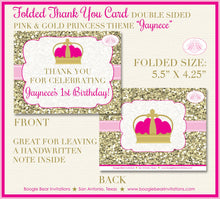 Load image into Gallery viewer, Pink Gold Princess Party Thank You Card Note Birthday Girl Crown Glitter Royal Queen Ball Glam Boogie Bear Invitations Jaynece Theme Printed