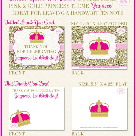 Pink Gold Princess Party Thank You Card Note Birthday Girl Crown Glitter Royal Queen Ball Glam Boogie Bear Invitations Jaynece Theme Printed