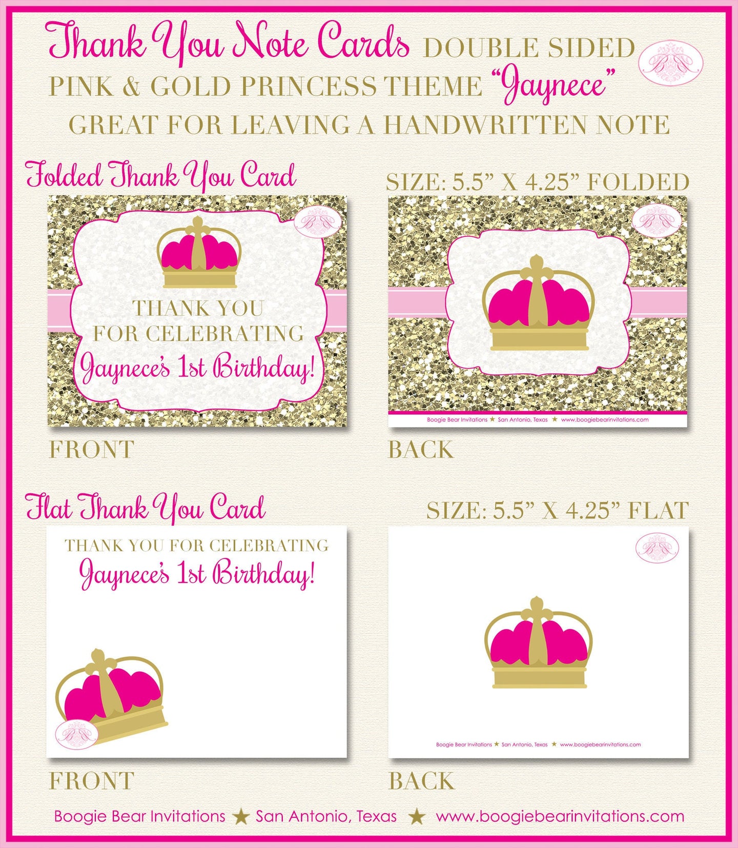 Pink Gold Princess Party Thank You Card Note Birthday Girl Crown Glitter Royal Queen Ball Glam Boogie Bear Invitations Jaynece Theme Printed