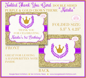 Purple Gold Royal Crown Party Thank You Card Note Birthday Girl Queen Ball Glitter Princess Boogie Bear Invitations Natalia Theme Printed