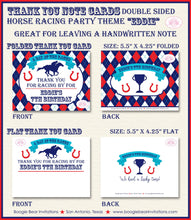 Load image into Gallery viewer, Horse Racing Birthday Party Thank You Card Argyle Red Blue Kentucky Derby Race Lucky Jockey Kids Boogie Bear Invitations Eddie Theme Printed