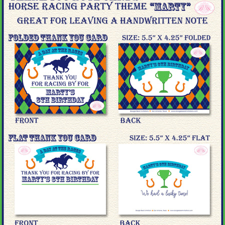 Horse Racing Birthday Party Thank You Card Argyle Orange Green Blue Kentucky Derby Lucky Jockey Boogie Bear Invitations Marty Theme Printed