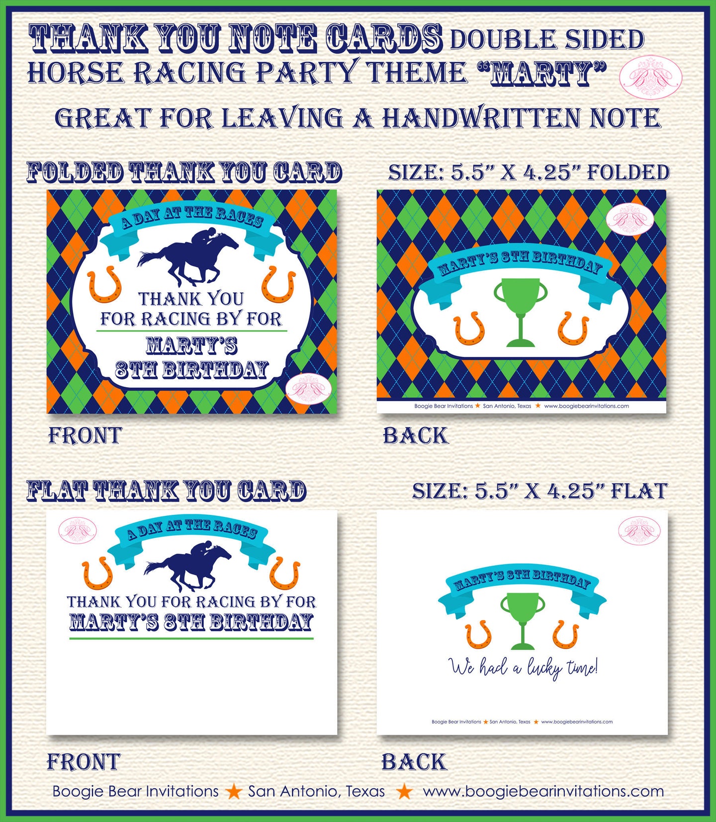 Horse Racing Birthday Party Thank You Card Argyle Orange Green Blue Kentucky Derby Lucky Jockey Boogie Bear Invitations Marty Theme Printed