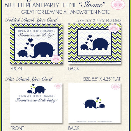 Blue Elephant Baby Shower Thank You Card Note Girl Boy Birthday Party Chevron Navy Lime Green Boogie Bear Invitations Sloane Theme Printed