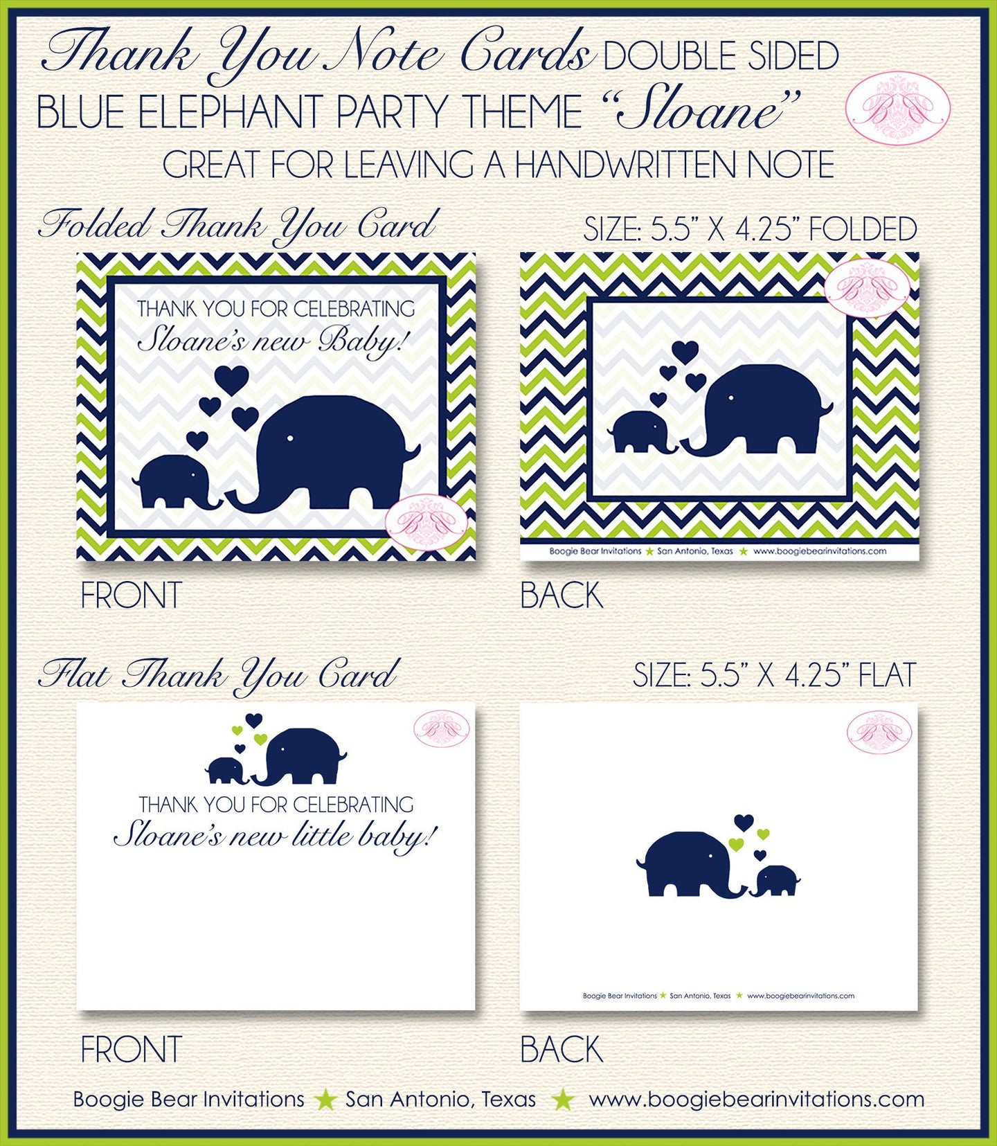 Blue Elephant Baby Shower Thank You Card Note Girl Boy Birthday Party Chevron Navy Lime Green Boogie Bear Invitations Sloane Theme Printed
