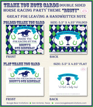 Load image into Gallery viewer, Horse Racing Birthday Party Thank You Card Argyle Green Blue Kentucky Derby Race Lucky Jockey Boogie Bear Invitations Rusty Theme Printed
