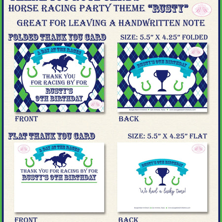 Horse Racing Birthday Party Thank You Card Argyle Green Blue Kentucky Derby Race Lucky Jockey Boogie Bear Invitations Rusty Theme Printed