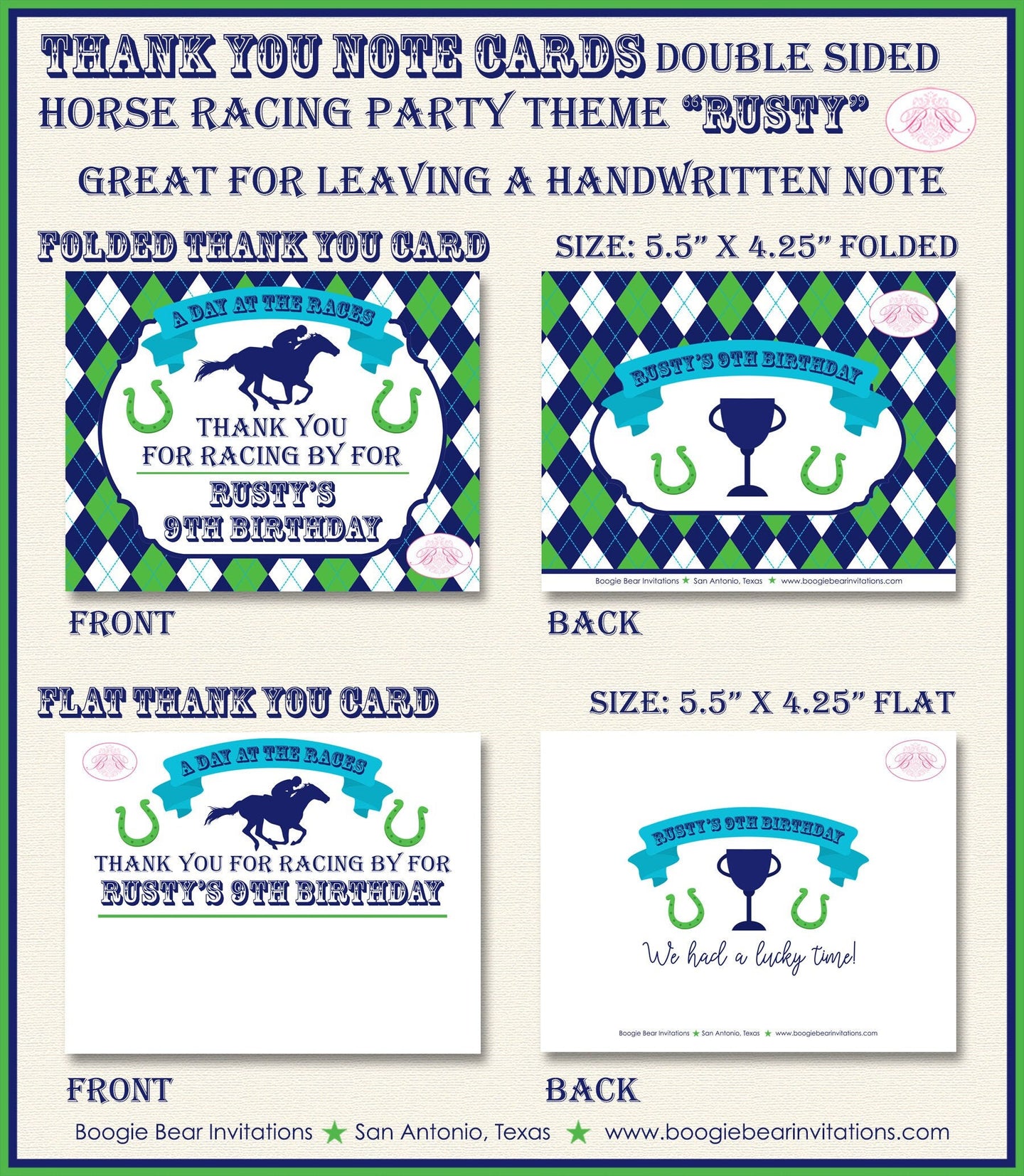 Horse Racing Birthday Party Thank You Card Argyle Green Blue Kentucky Derby Race Lucky Jockey Boogie Bear Invitations Rusty Theme Printed
