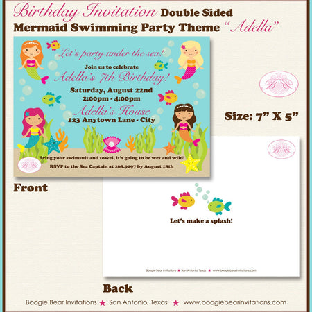 Mermaid Pool Birthday Party Invitation Girl Swimming Swim Pool Beach Ocean Boogie Bear Invitations Adella Theme Paperless Printable Printed