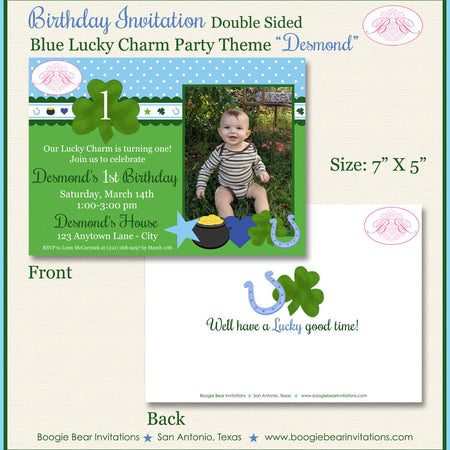 Lucky Charm Birthday Party Invitation Boy Blue Photo Shamrock Clover Luck Boogie Bear Invitations Desmond Theme Paperless Printable Printed