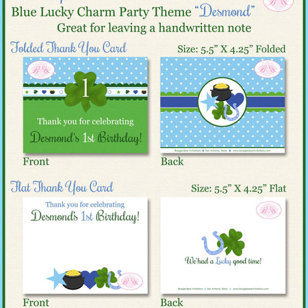 Lucky Charm Party Thank You Card Birthday Boy St. Patrick's Day Blue Green Shamrock Clover Boogie Bear Invitations Desmond Theme Printed
