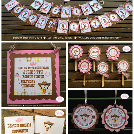 Pink Cowgirl Birthday Party Package Western Brown Horse Door Name Happy Banner Cupcake Toppers Favor Tag Boogie Bear Invitations Julie Theme