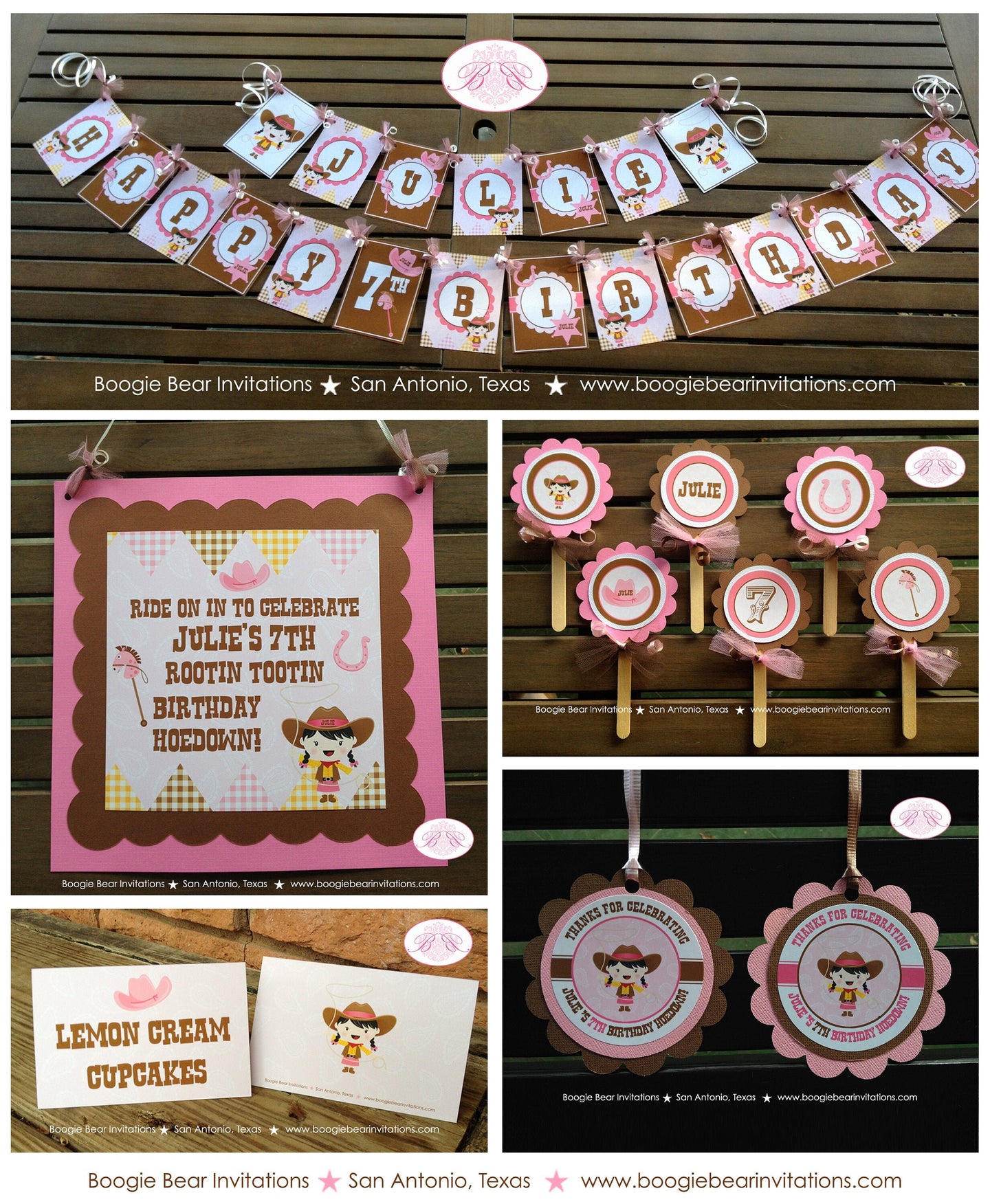 Pink Cowgirl Birthday Party Package Western Brown Horse Door Name Happy Banner Cupcake Toppers Favor Tag Boogie Bear Invitations Julie Theme