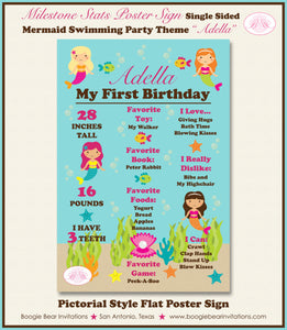 Mermaid Swimming Birthday Party Sign Stats Poster Sign Frameable Chalkboard Milestone Pool Splash Swim Boogie Bear Invitations Adella Theme