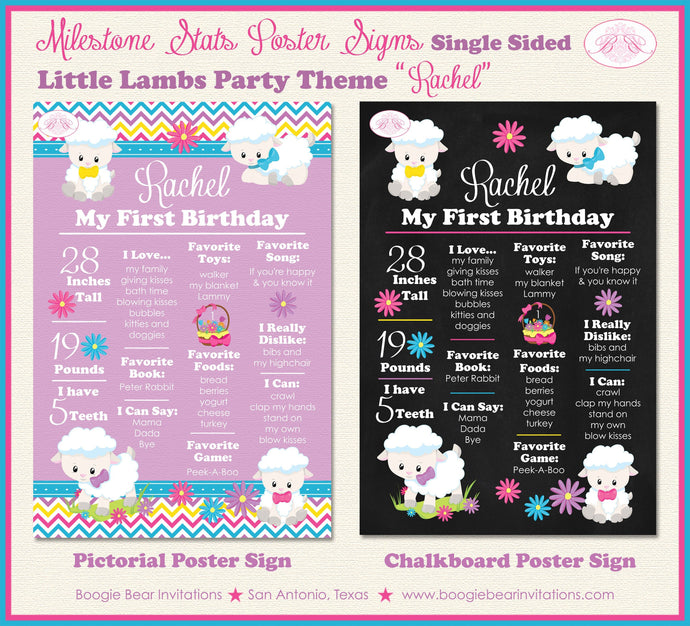 Spring Lambs Birthday Party Sign Stats Poster Flat Frameable Chalkboard Milestone Girl Sheep Easter 1st Boogie Bear Invitations Rachel Theme