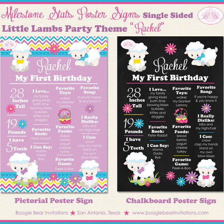 Spring Lambs Birthday Party Sign Stats Poster Flat Frameable Chalkboard Milestone Girl Sheep Easter 1st Boogie Bear Invitations Rachel Theme